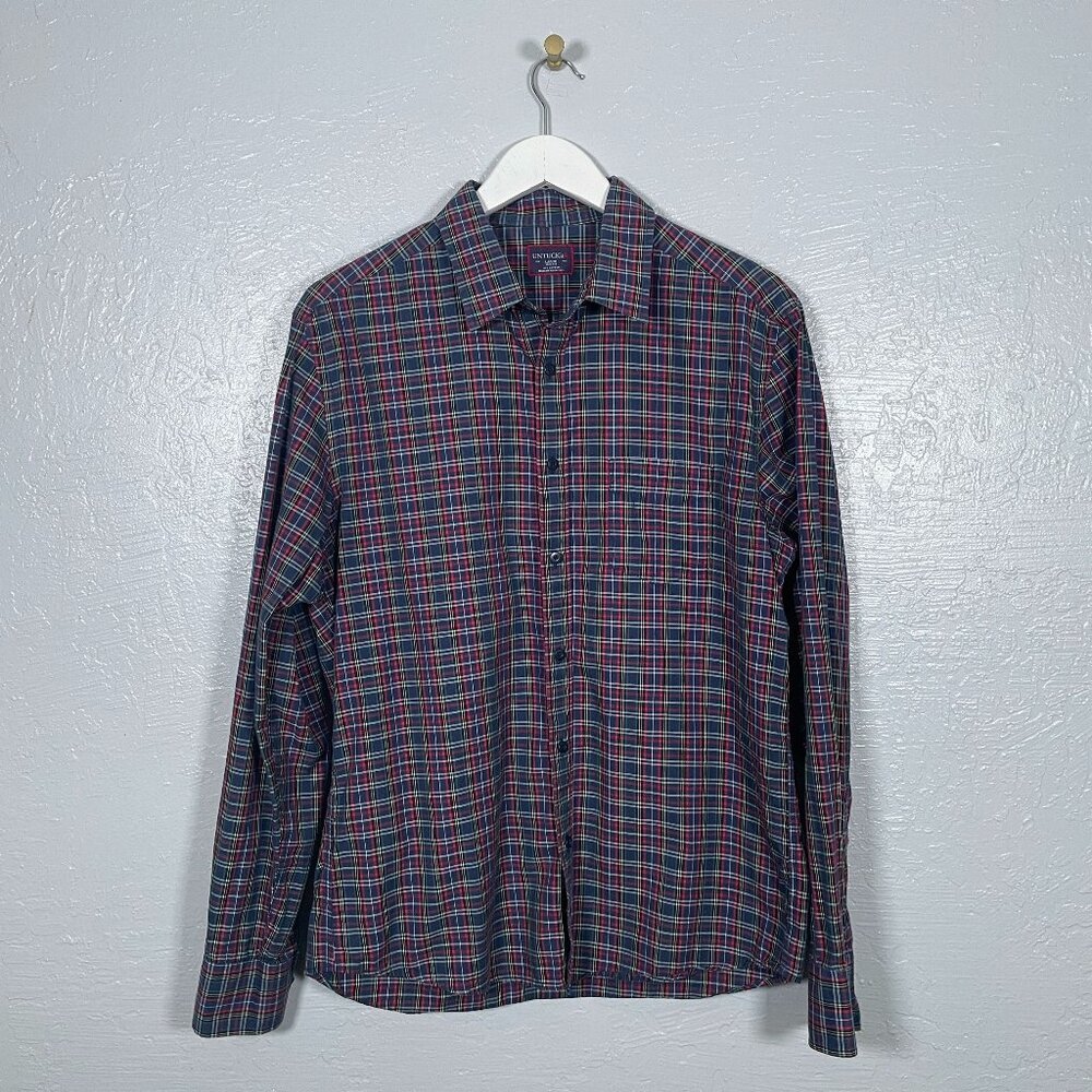 UNTUCKit Men L Walker Road Blue Red Plaid Long Sleeve Button Up Shirt Slim Fit